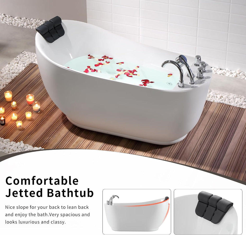Empava 59 Inch Acrylic Freestanding Whirlpool Tub, Hydromassage Gracefully Oval Shaped Whirlpool 7 Water Jets Soaking SPA, Lumbar and Neck Support, Black Pillow, ETL Certified, White