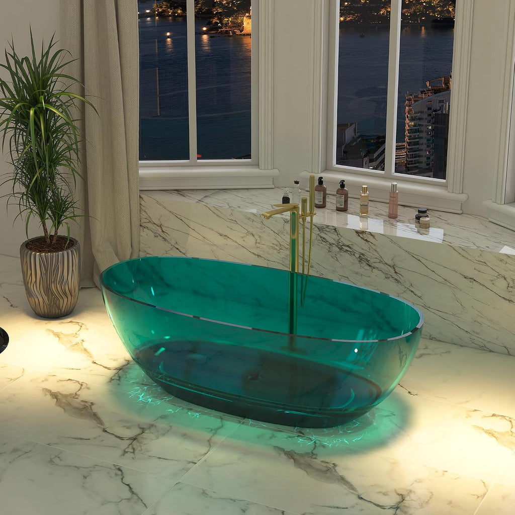 CASAINC 67' Soaking Tub Transparent Resin Freestanding Bathtub Modern Oval Design Stand Alone Tub with Pop-up Drain, 73.32 Gallons Water Storage Capacity and 415 MM Soaking Depth, Transparent Sea Blue
