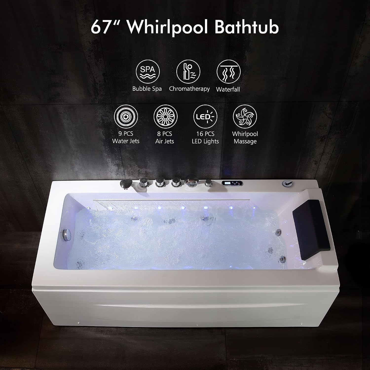 Empava Acrylic Whirlpool Bathtub, 67' Jetted Tub with Heater, Hydro Massage & Chromatherapy, White Modern Freestanding Jetted Air Bathtub