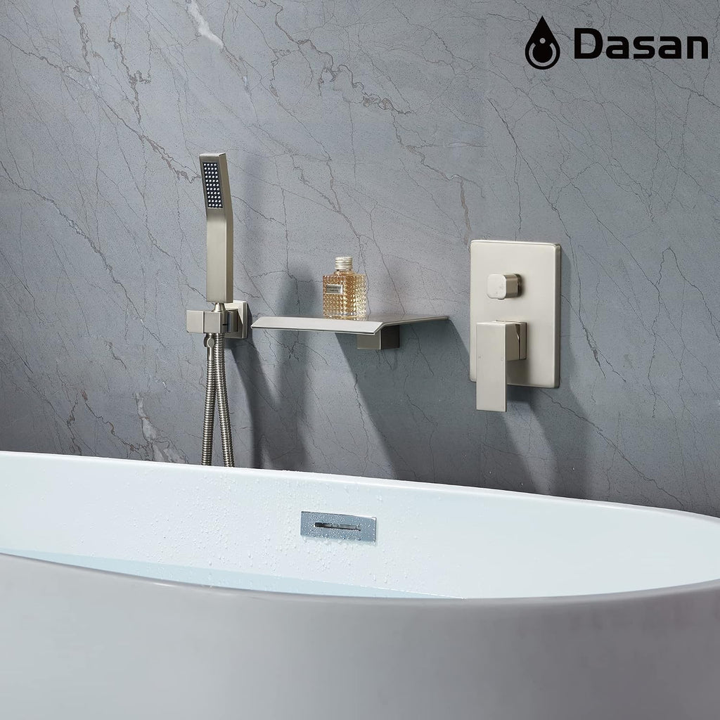 Upgraded Wall Mount Tub Filler Faucet with Handheld Shower, DASAN Modern Wall Mounted Bathtub Faucet Brushed Nickel High Flow Waterfall Tub Faucet with Rough in Valve, SA-TF04WH-BN