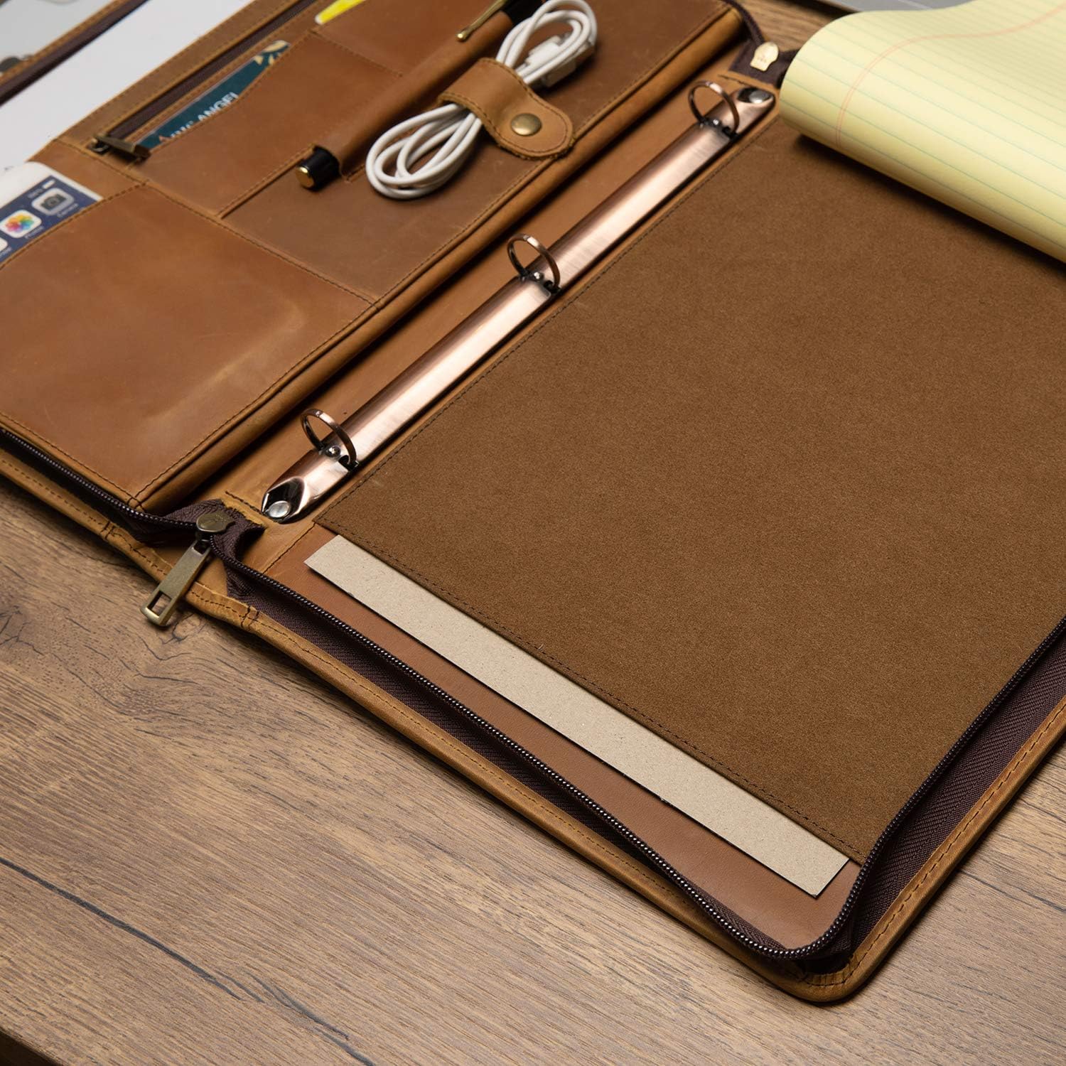 YIWEN Personalized Leather 3 Ring Binder Portfolio with Front Pocket, Zippered Padfolio for 8.5 x 11' Notepad and 13' Tablet, Professional Business Travel Organizer (Brown, Crazy Horse Leather)