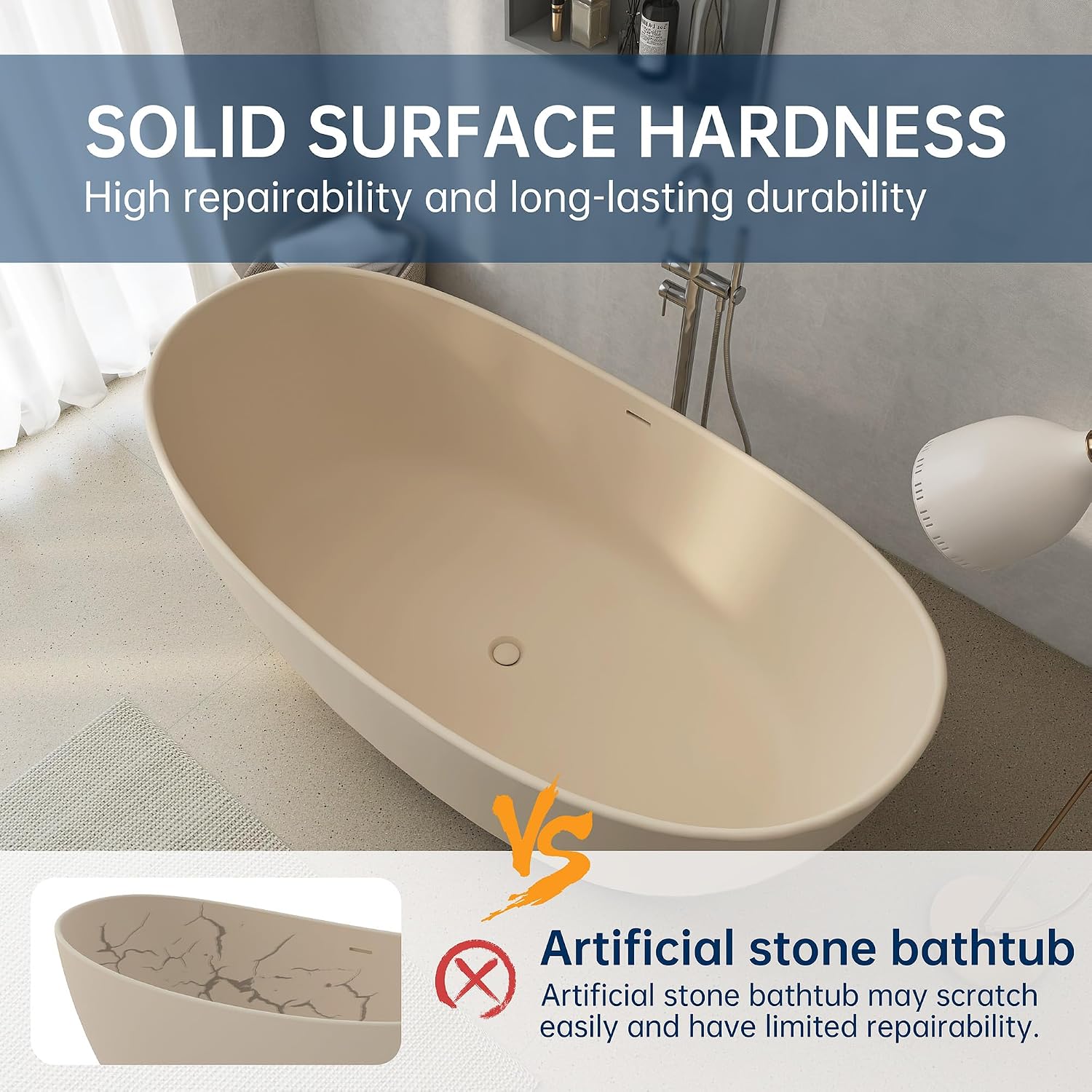 65'' Resin Stone Freestanding Bathtub, Solid Surface Free Standing Tub, Contemporary Design Soaking Tub with Pop-up Drain and Overflow, Stand Alone Tubs cUPC Certified, Latte color