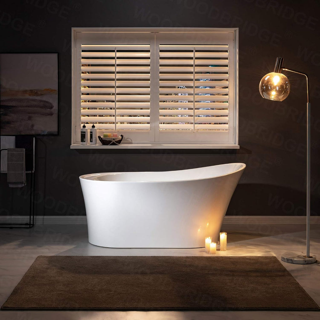 WOODBRIDGE 59' Acrylic Freestanding Bathtub Contemporary Soaking Tub with Matte Black Overflow and Drain B0083-MB-Drain &O,White