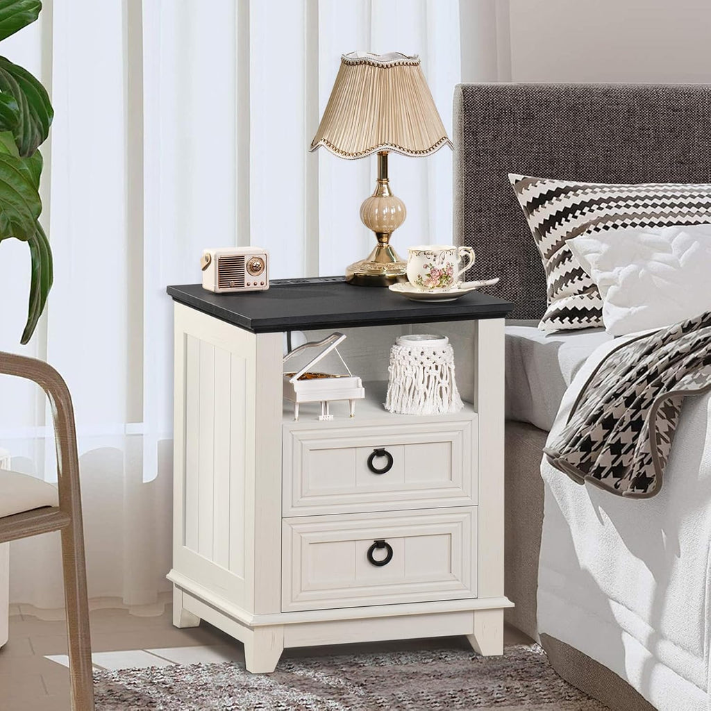 Joaxswe 18' Farmhouse Night Stands Set of 2 with Charging Station, 2 Drawers End Table Dresser for Bedroom， Wooden Nightstand, Bed Side Table with Open Shelf, Bedside Cabinet for Living Room（White）