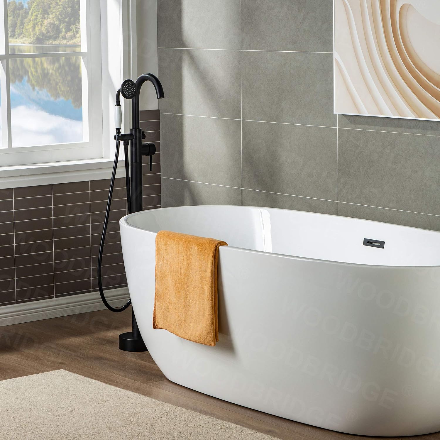 WOODBRIDGE WOODBRIDGEE Contemporary Single Handle Floor Mount Freestanding Tub Filler Faucet with Hand Shower in (Matte Black) Finish,F0006-MBVT