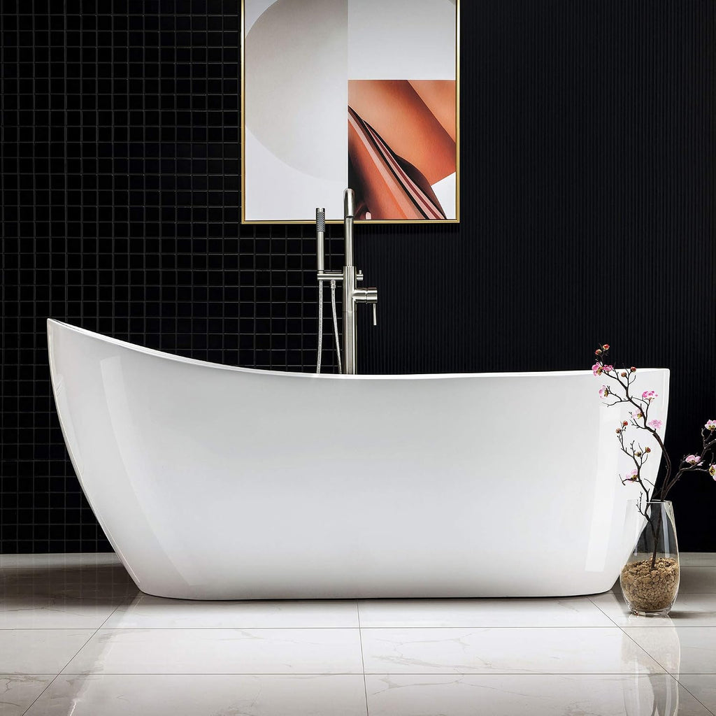 WOODBRIDGE 67' Acrylic Freestanding Bathtub Contemporary Soaking White Tub with Brushed Nickel Overflow and Drain，B-0001-BN