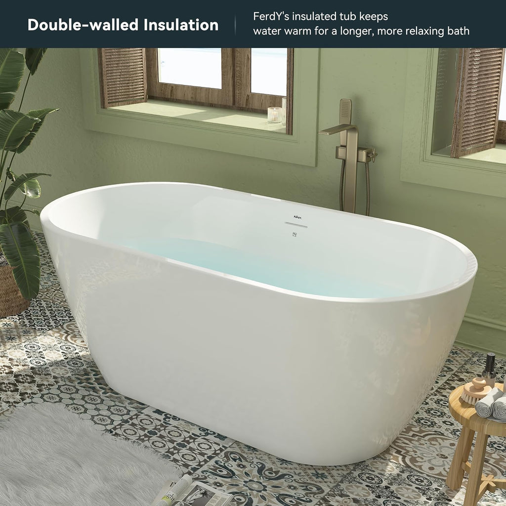 FerdY 59' Bali Elite Acrylic Freestanding Bathtub, Gracefully Shaped Freestanding Soaking Bathtub, cUPC Certified, Toe-Tap Brushed Nickel Drain& Bath Pillow for Bathtub,Thick Tub Pillows, Breathable 4