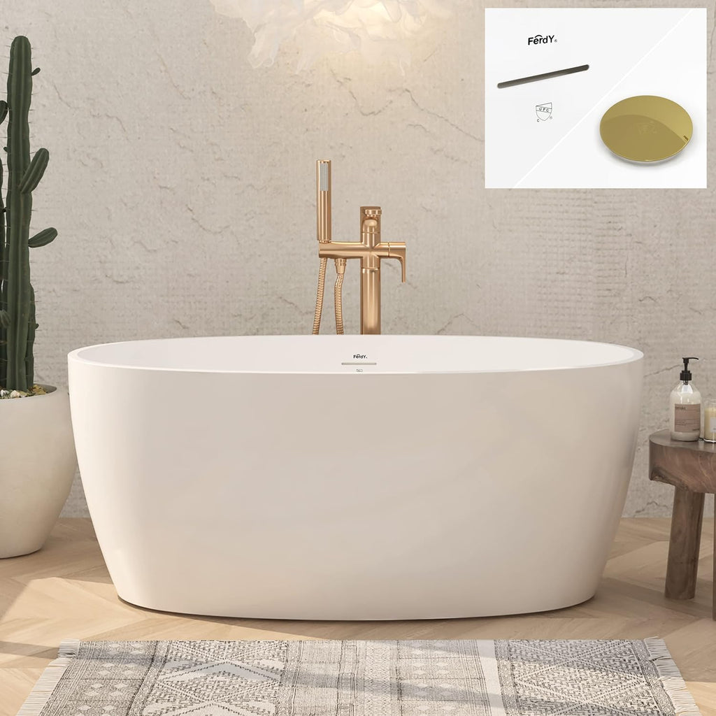 FerdY Tahiti 55' Acrylic Freestanding Bathtub, Elegant Oval Shape Soaking Bathtub, Glossy White, Polished Gold Drain & Bath Pillow for Bathtub,Thick Tub Pillows, Breathable 4D Air Mesh