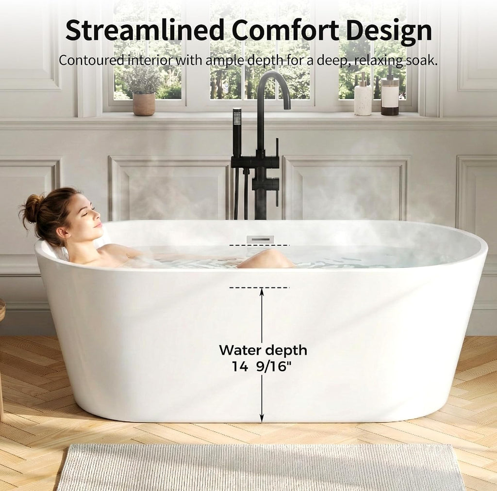 DeerValley 67' Acrylic Freestanding Bathtub, Deep Soaking Tub with Center Drain & Integrated Overflow, White Free Standing Tub, Stand alone Shower Tub with Ergonomic Design, DV-1T133S