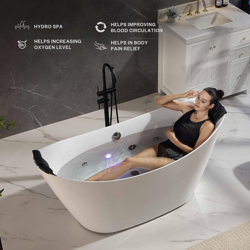 Empava Upgrade Acrylic Whirlpool Bathtub, 67-Inch Freestanding Boat Shaped Jetted Bathtub with Healing Chromotherapy, 18 Hydromassage Jet, Double-Ended Massage Bathtub with Two Black Pillows