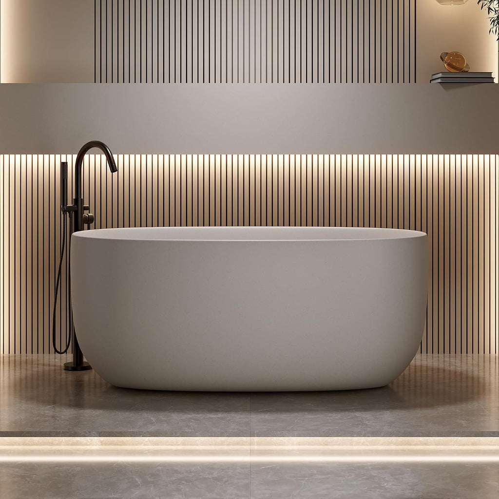 KEIKI 47'' Freestanding Bathtub, Resin Stone Soaking Bathtub, Solid Surface Modern Tubs with Overflow and Pop-up Drain, Beige