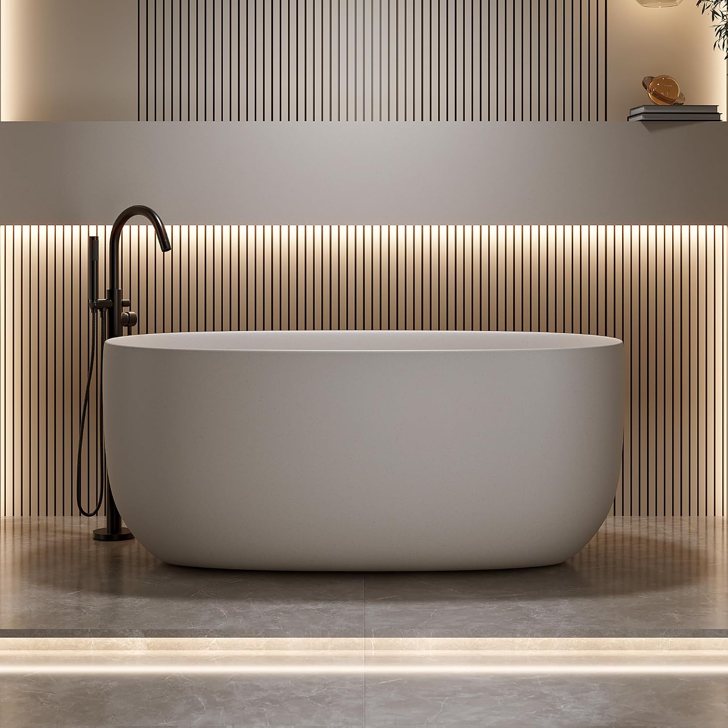 KEIKI 47'' Freestanding Bathtub, Resin Stone Soaking Bathtub, Solid Surface Modern Tubs with Overflow and Pop-up Drain, Beige