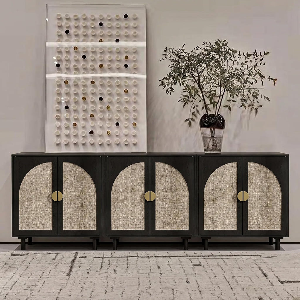 Modern Rattan Storage Sideboard Cabinet, Black Wood Buffet with Magnetic Latch, Adjustable Shelf. [2Pcs, Black]