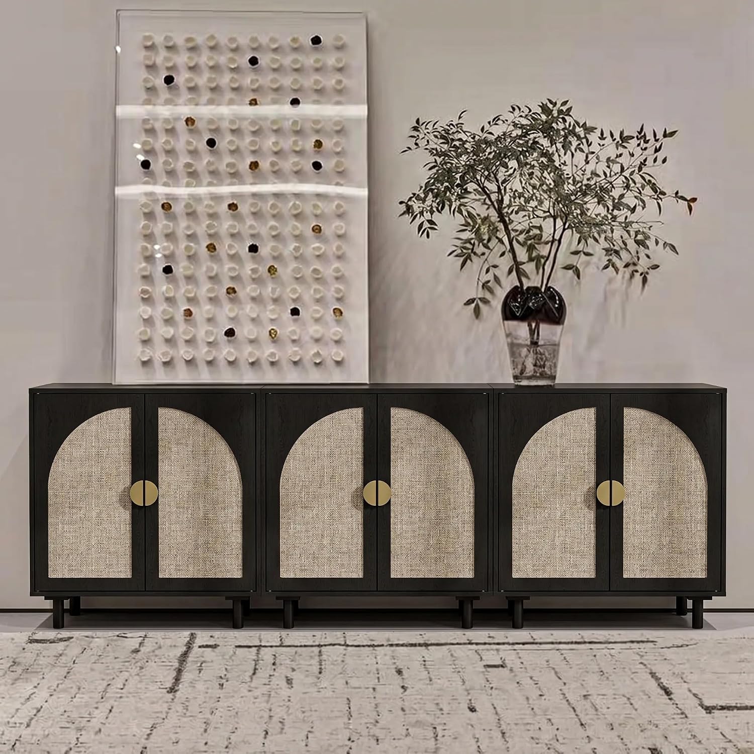 Modern Rattan Storage Sideboard Cabinet, Black Wood Buffet with Magnetic Latch, Adjustable Shelf. [2Pcs, Black]
