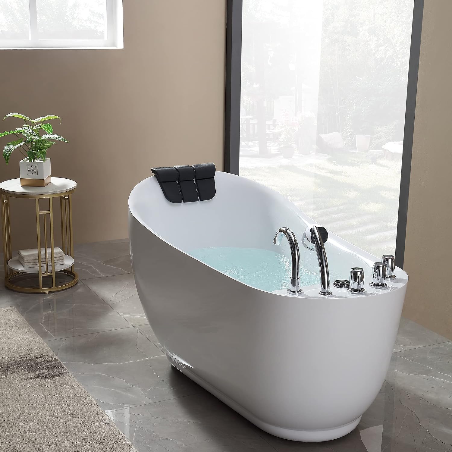 Empava 59 Inch Acrylic Freestanding Whirlpool Tub, Hydromassage Gracefully Oval Shaped Whirlpool 7 Water Jets Soaking SPA, Lumbar and Neck Support, Black Pillow, ETL Certified, White