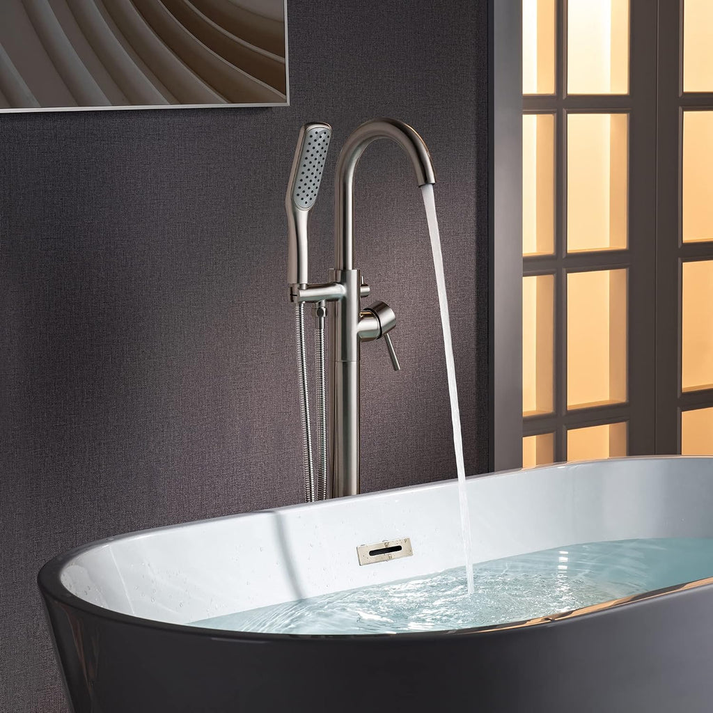 WOODBRIDGE High Flow Rate 8 GPM Freestanding Tub Filler Faucet with Hand Shower, Brushed Nickel,F0023BNSQ