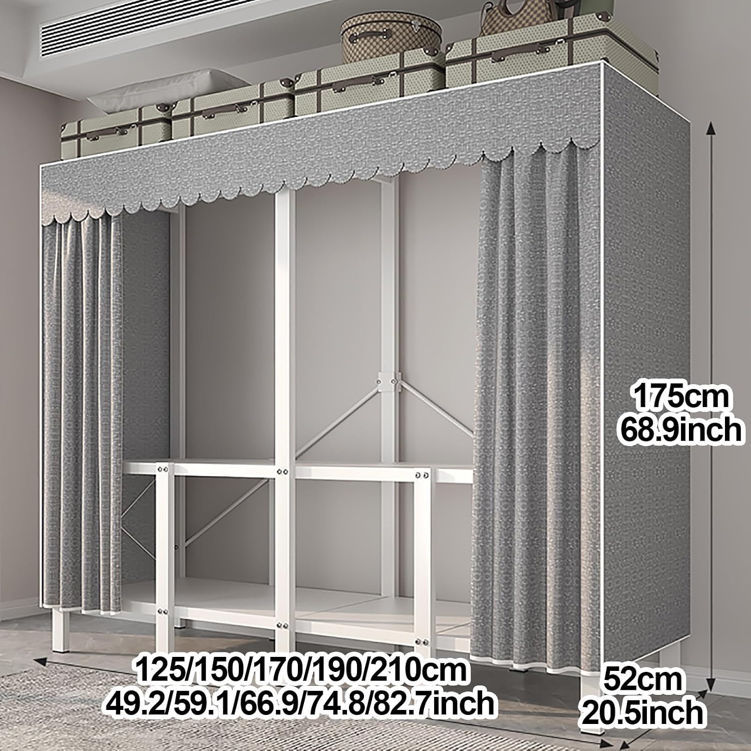 Foldable Portable Wardrobe Closet With Cover, Metal Clothing Rack For Hanging Clothes, Heavy Duty Garment Rack With Hanging Rods, For Bedroom, Dorm(Grey1,125cm/49.2inch)