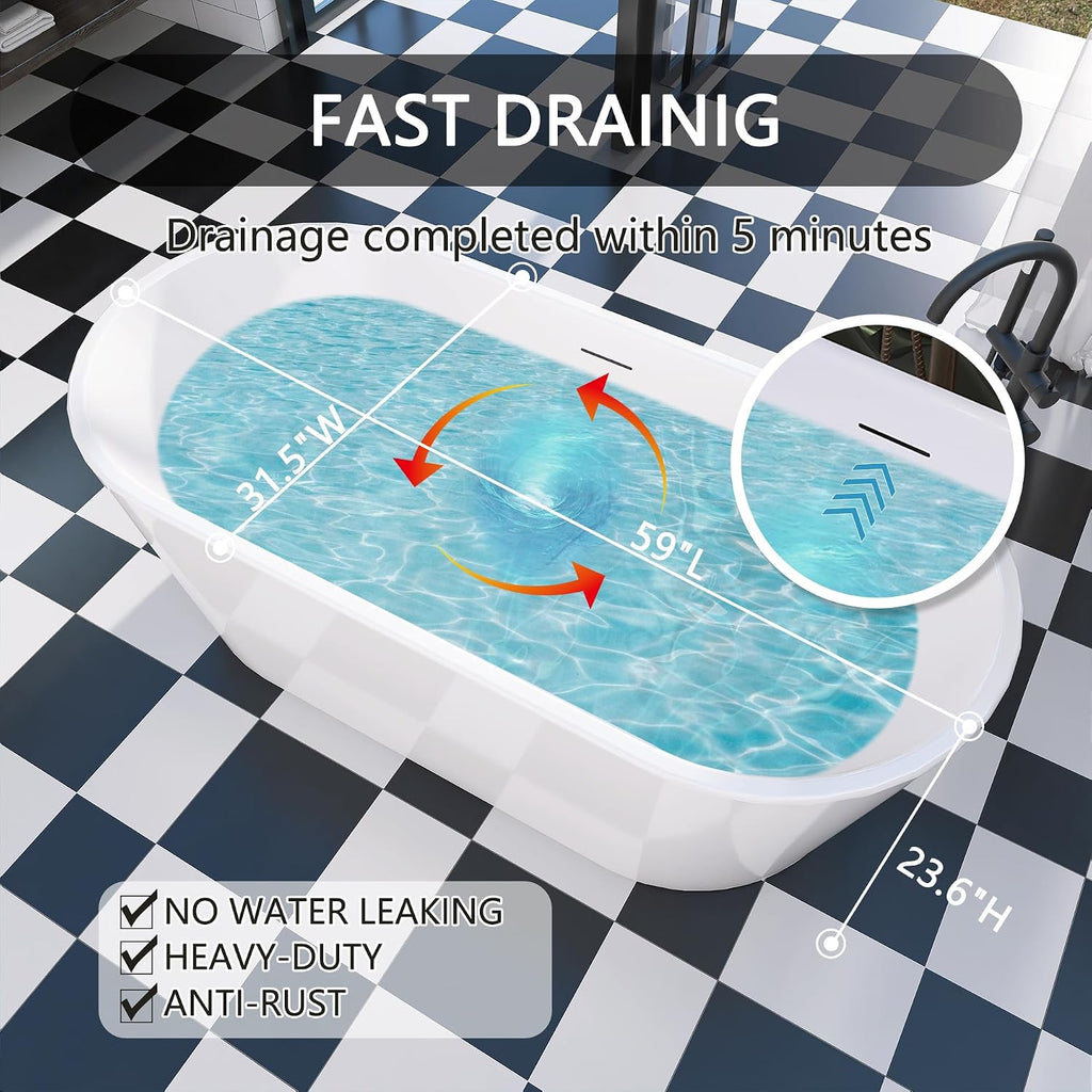 59' Free Standing Tub, Pure Acrylic Freestanding Bathtub, Stylish Stand Alone Contemporary Deep Soaking Bath Tub, cUPC Certified SY1550 (Glossy White)