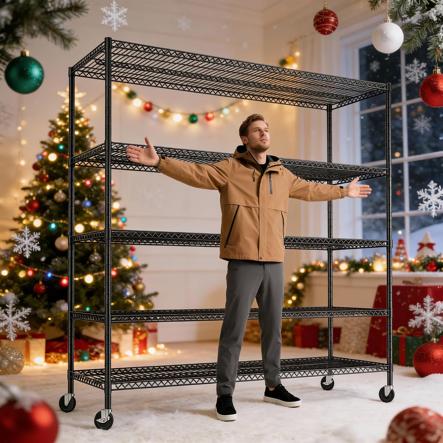 REIBII 85.7'H Garage Shelving 2998LBS Storage Shelves with Wheels&Feet,5 Tier Garage Shelves Heavy Duty Adjustable Wire Shelving for Basement Commercial Industrial Pantry, 85.7'H X 55.5'W X 24.2'D