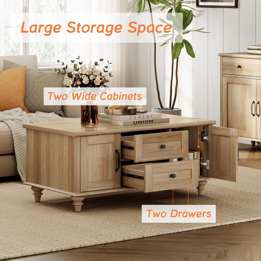 WAMPAT 3 Pieces Living Room Table Set, Set of 2 Nightstands Side Tables with Charging Station, One Rectangle Coffee Table with Storage Cabinet & Drawer, Oak