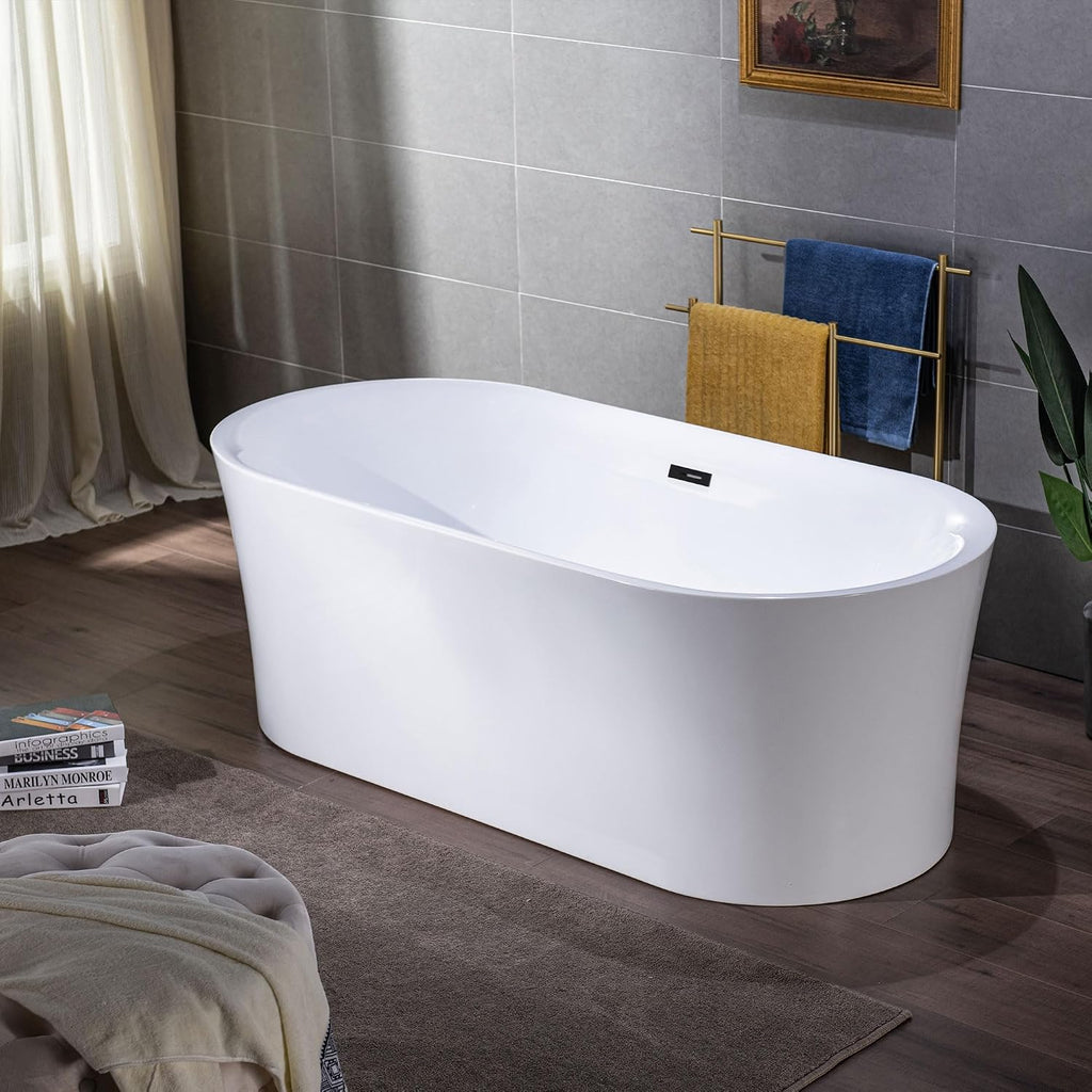 WOODBRIDGE 67' Acrylic Freestanding Bathtub Contemporary Soaking Tub with Matte Black Overflow and Drain,White Tub