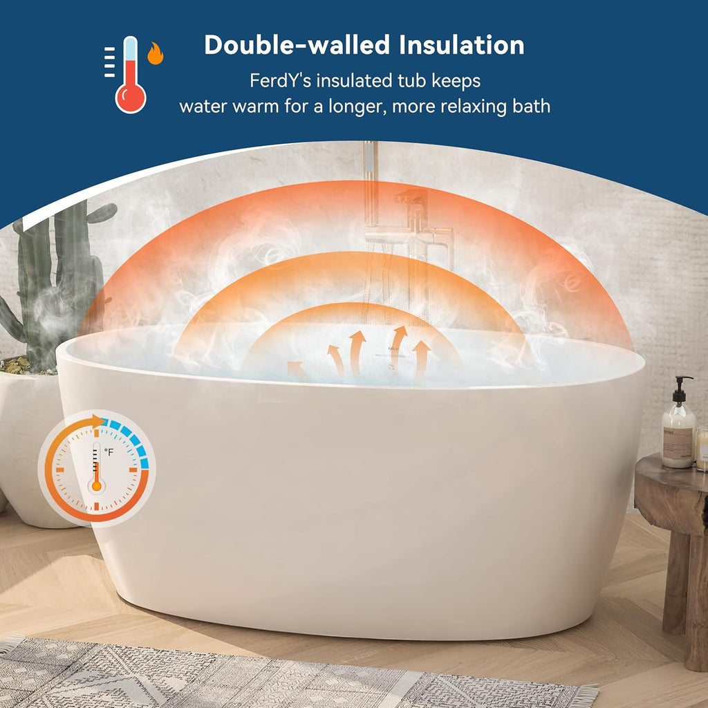 FerdY 55' Acrylic Freestanding Bathtub, Contemporary Soaking tub with cUPC Certified, Elegant Oval Shape, Brushed Gold Drain, Tahiti