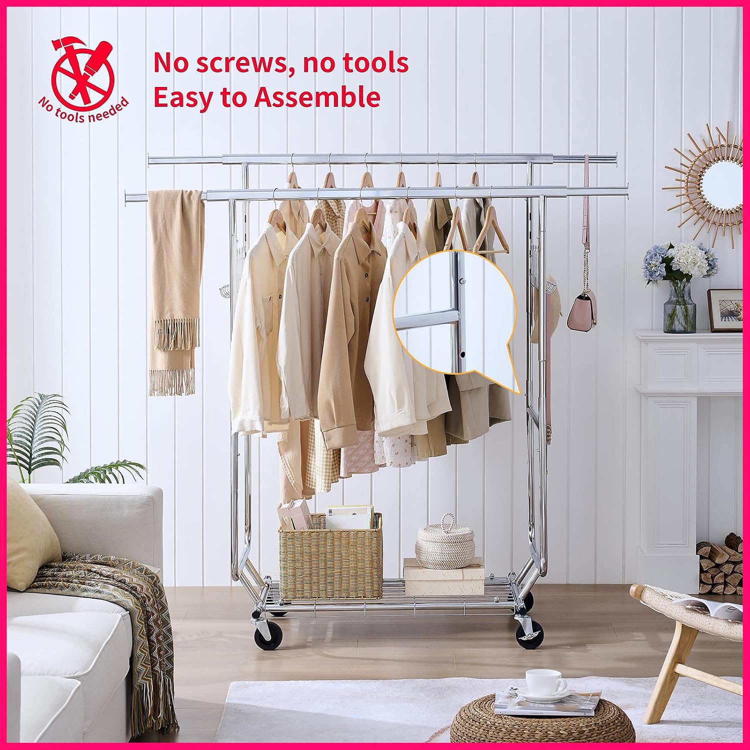 Double Coat Rack with Shelves Clothing Racks with 4 Rolling Wheels Heavy Duty Portable Collapsible Commercial Garment Rack for Hallway Bedroom Office, Capacity 800lbs, Silver