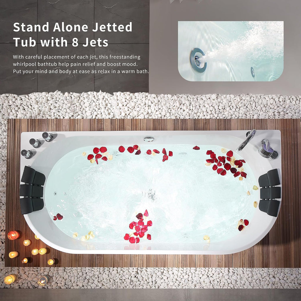 Empava 71 in. Acrylic Freestanding Tub Hydromassage Gracefully Oval Shaped Whirlpool 8 Water Jets Soaking SPA, Double-Ended Massage Bathtub with Two Black Pillow