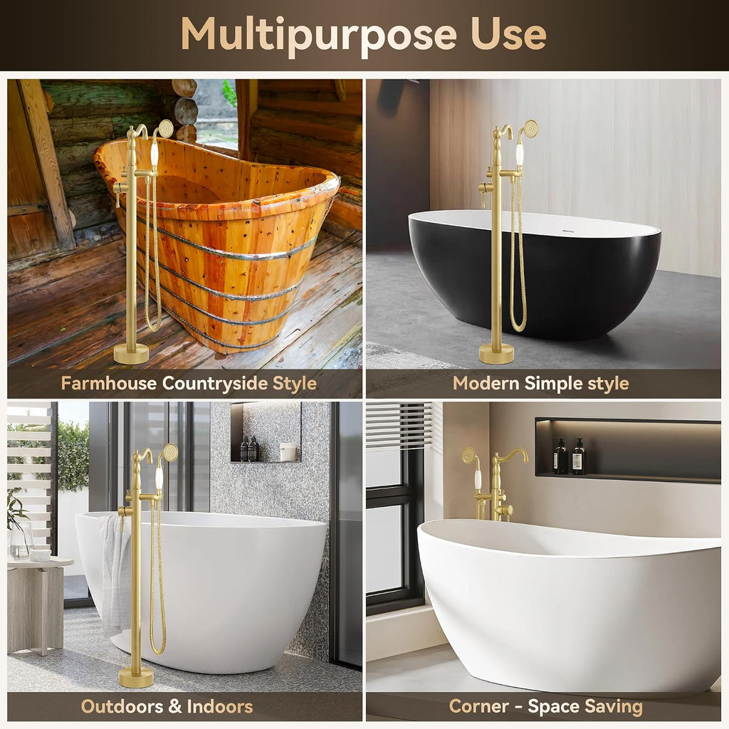 SUPERFLO Freestanding Bathtub Faucet Brushed Gold Tub Fillers Freestanding, Brass Free Standing Tub Faucet Floor Mounted With Ceramic Retro Hand Shower & Water Hose