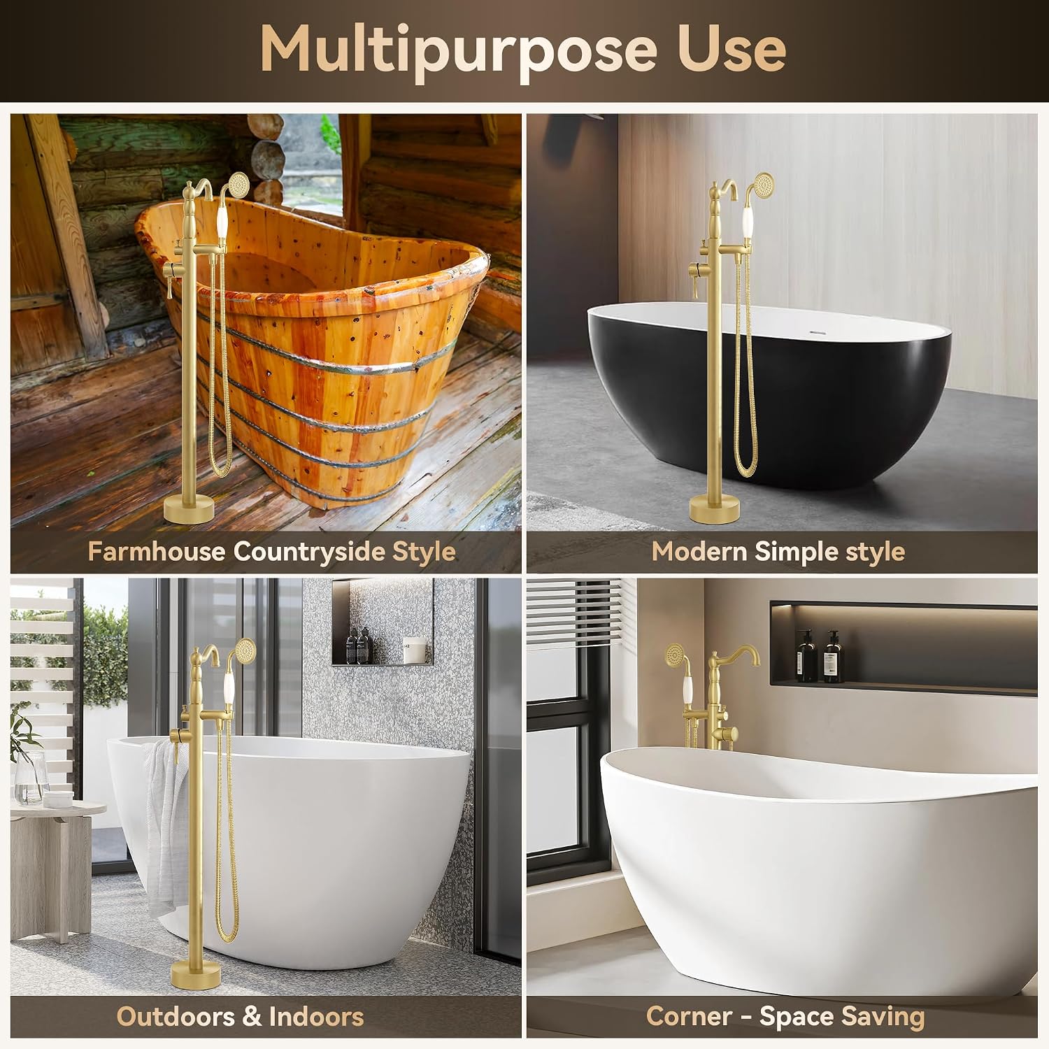 SUPERFLO Freestanding Bathtub Faucet Brushed Gold Tub Fillers Freestanding, Brass Free Standing Tub Faucet Floor Mounted With Ceramic Retro Hand Shower & Water Hose