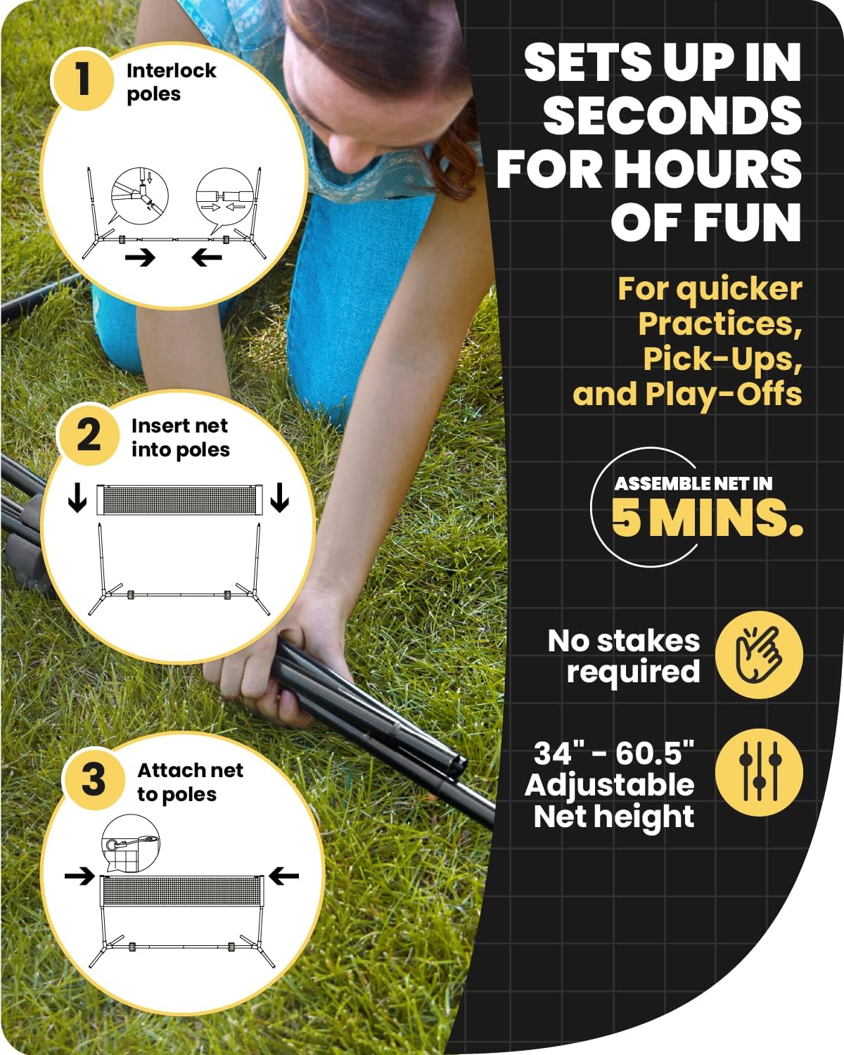 Boulder Portable Badminton Pickleball Net - Foldable/Extendable Poles for Multiple Sports Heights (UP to 5 ft) - Ideal for Tennis, Pickleball, Soccer Tennis - Easy Setup