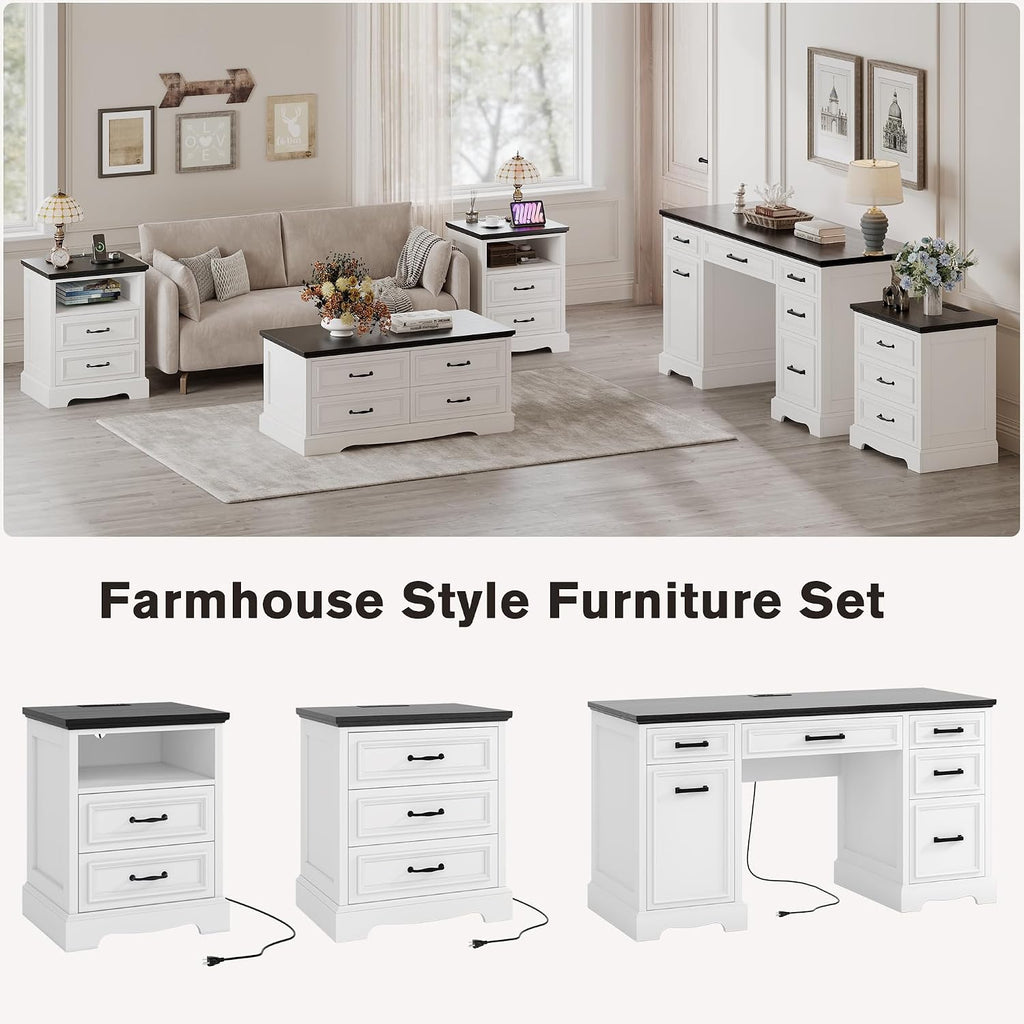 Whalefall Farmhouse 2 Drawers Dresser with Charging Station, White Nightstand Bedside for Bedroom, Wood Small End Table for Living Room Dresser Chest of Drawers for Hallway Closet Dorm (1, White)