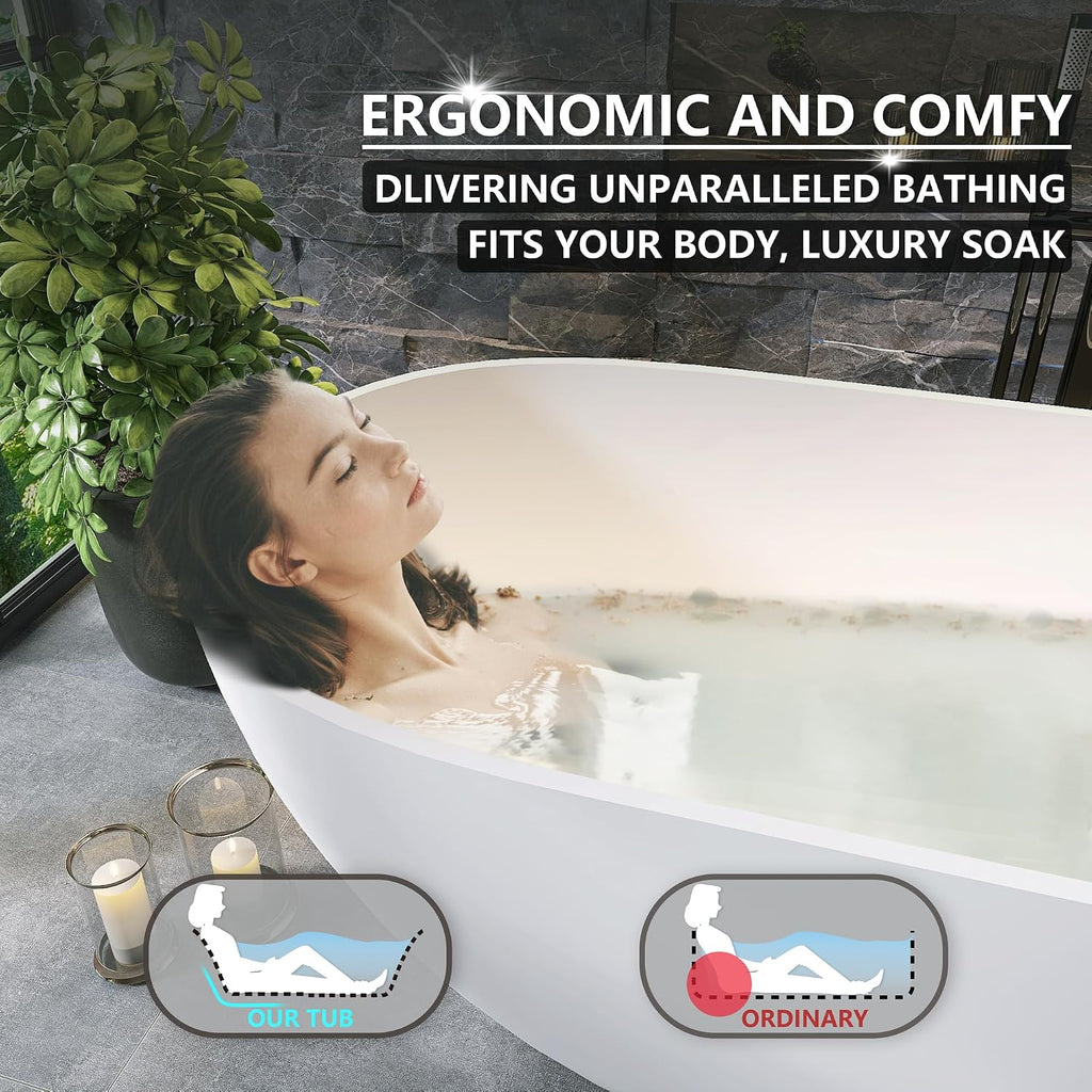 68' Resin Stone Freestanding Bathtub, Oval Solid Surface Freestanding Tub, Stand Alone Tub, Integrated Slotted Overflow and Pop-up Drain, Matte White
