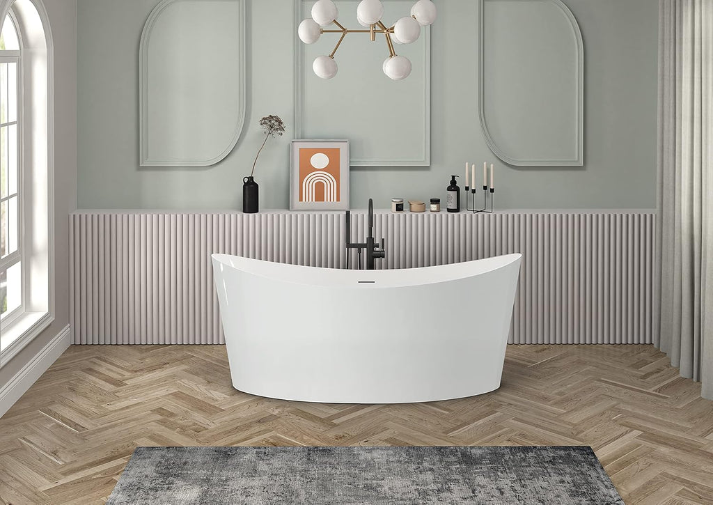 HEATGENE 68.5 Inches Acrylic Freestanding Bathtub Oval Modern Bathtub Contemporary Soaking Tub Easy to Install UPC Certified Drain & Overflow Assembly Included, White