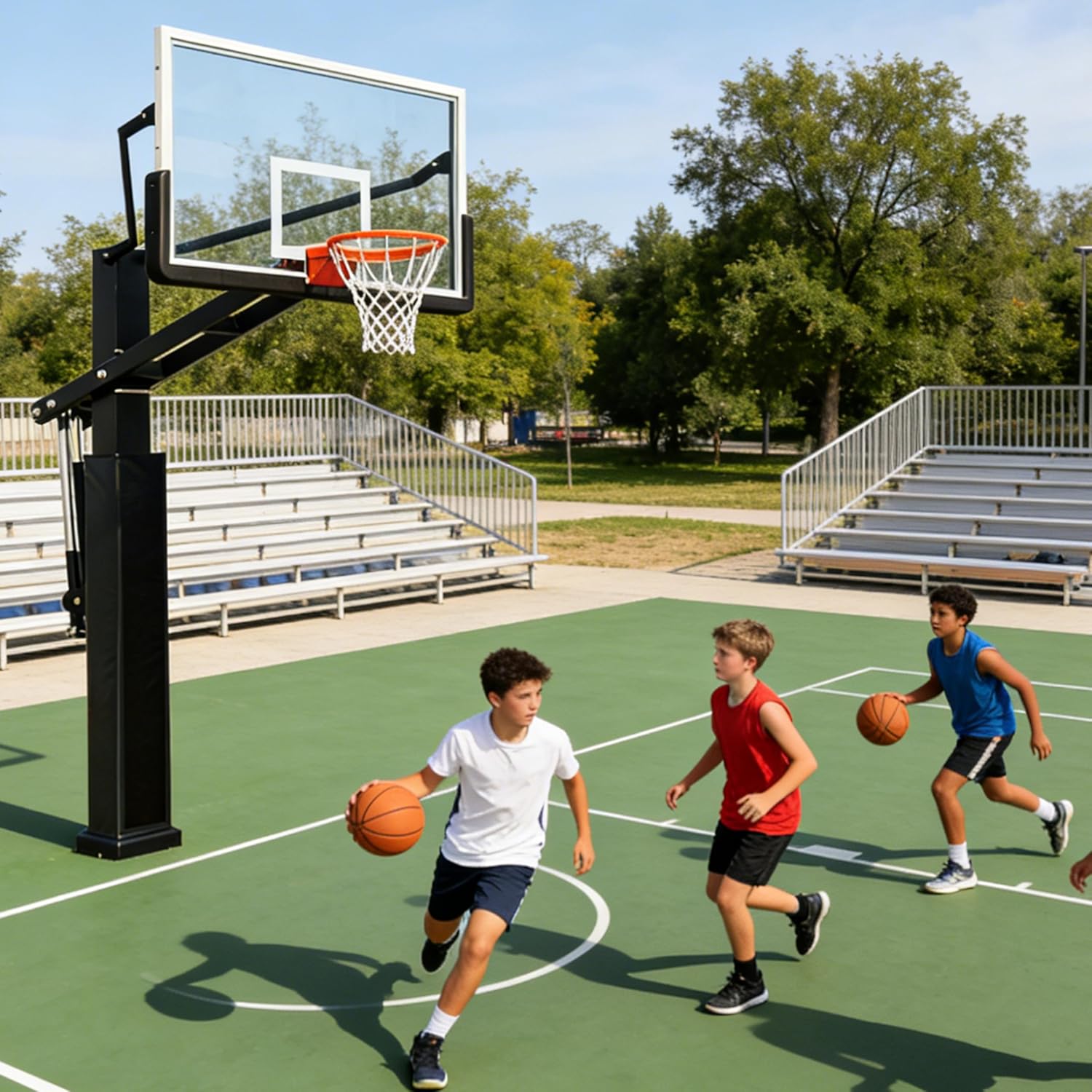 72 Inch Inground Basketball Hoop with Tempered Glass Backboard and 7.2 inch Square Pole Adjust Height from 5.4 Ft to 10 Ft with 3.8 Ft - 4.4 Ft Overhang for All Levels of Play