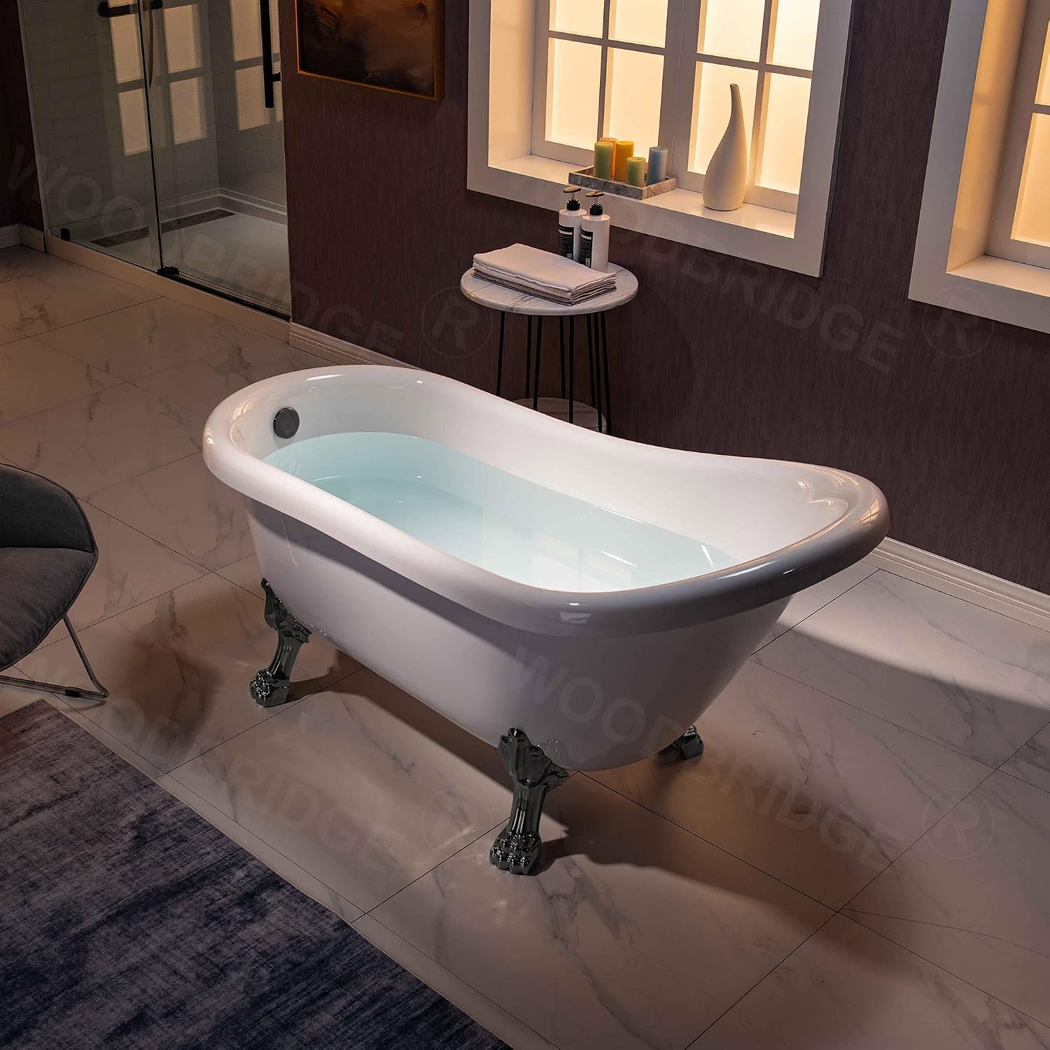 WOODBRIDGE 59' Heavy Duty Acrylic Slipper Clawfoot Bath Tub with ORB Feet + ORB Drain &Overflow