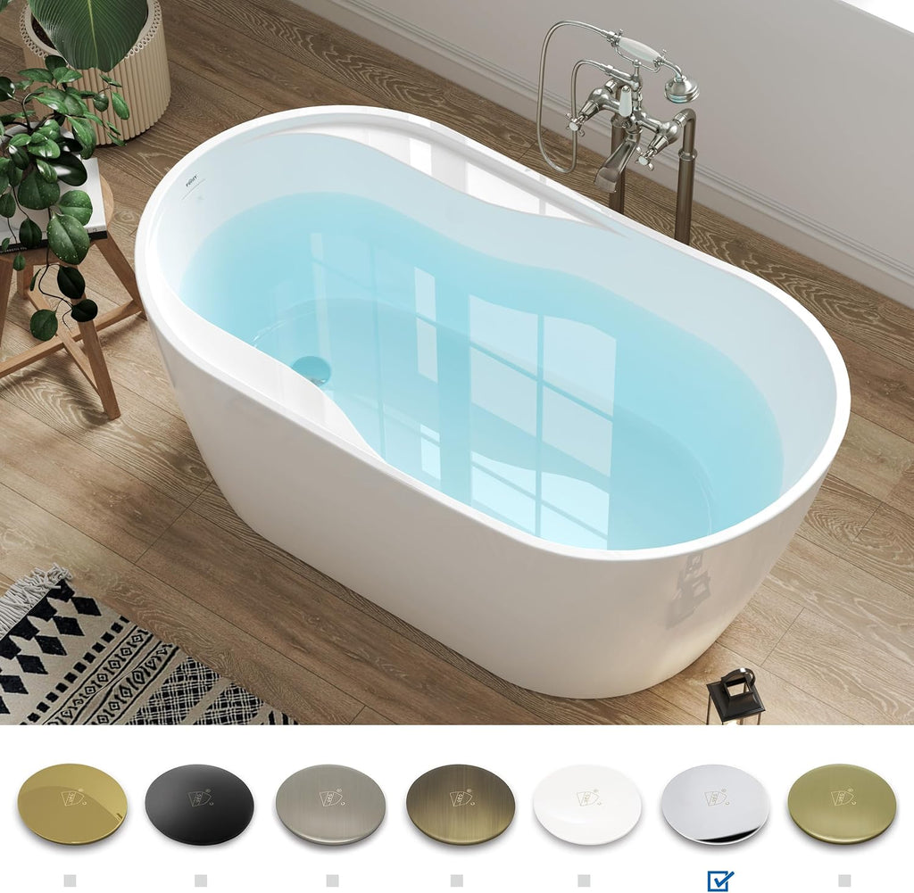 FerdY Lana'i 60' Freestanding Bathtub, Gracefully Shaped Freestanding Soaking tub, Glossy White, cUPC Certified, Polised Chrome Drain Assembly Included