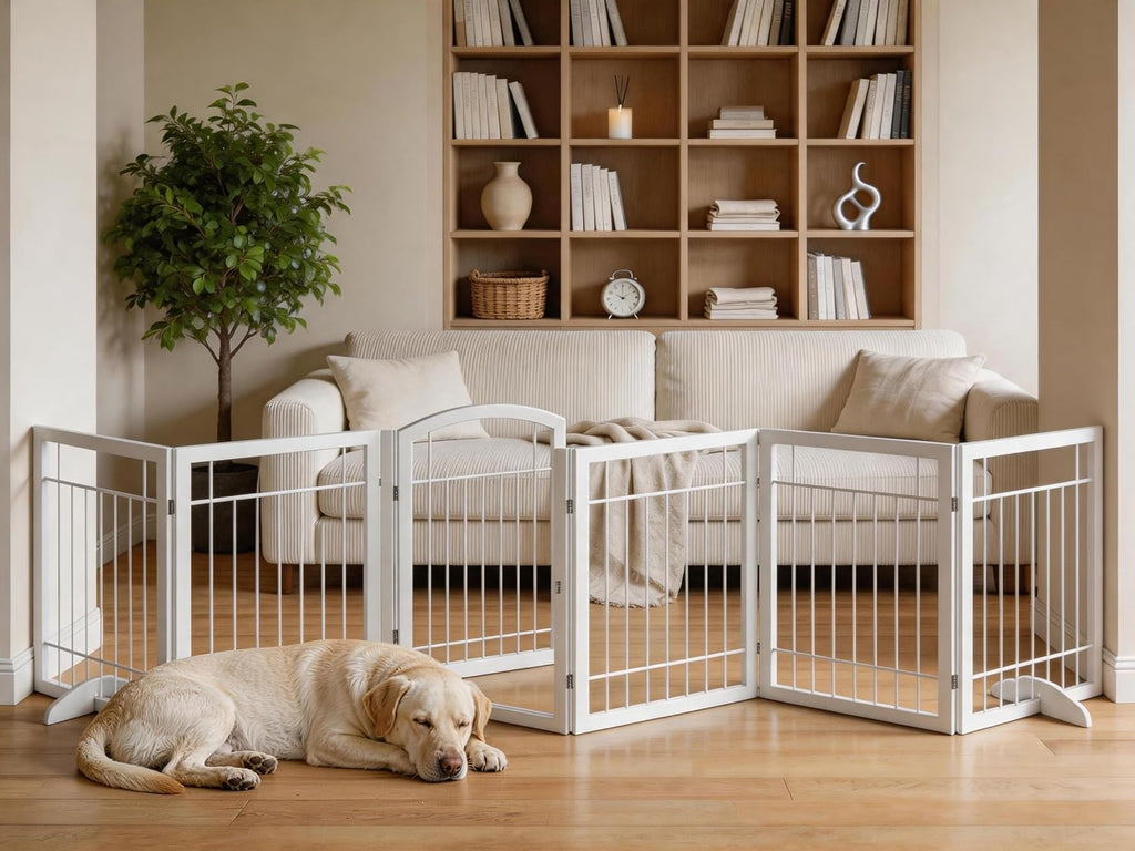 Vantas Folding Pet Gate 144' Wide, 30' Tall No-Assembly Metal Dog Gate with Door Walk Through, Freestanding Wire Pet Puppy Safety Fence, with 2PCS Support - White