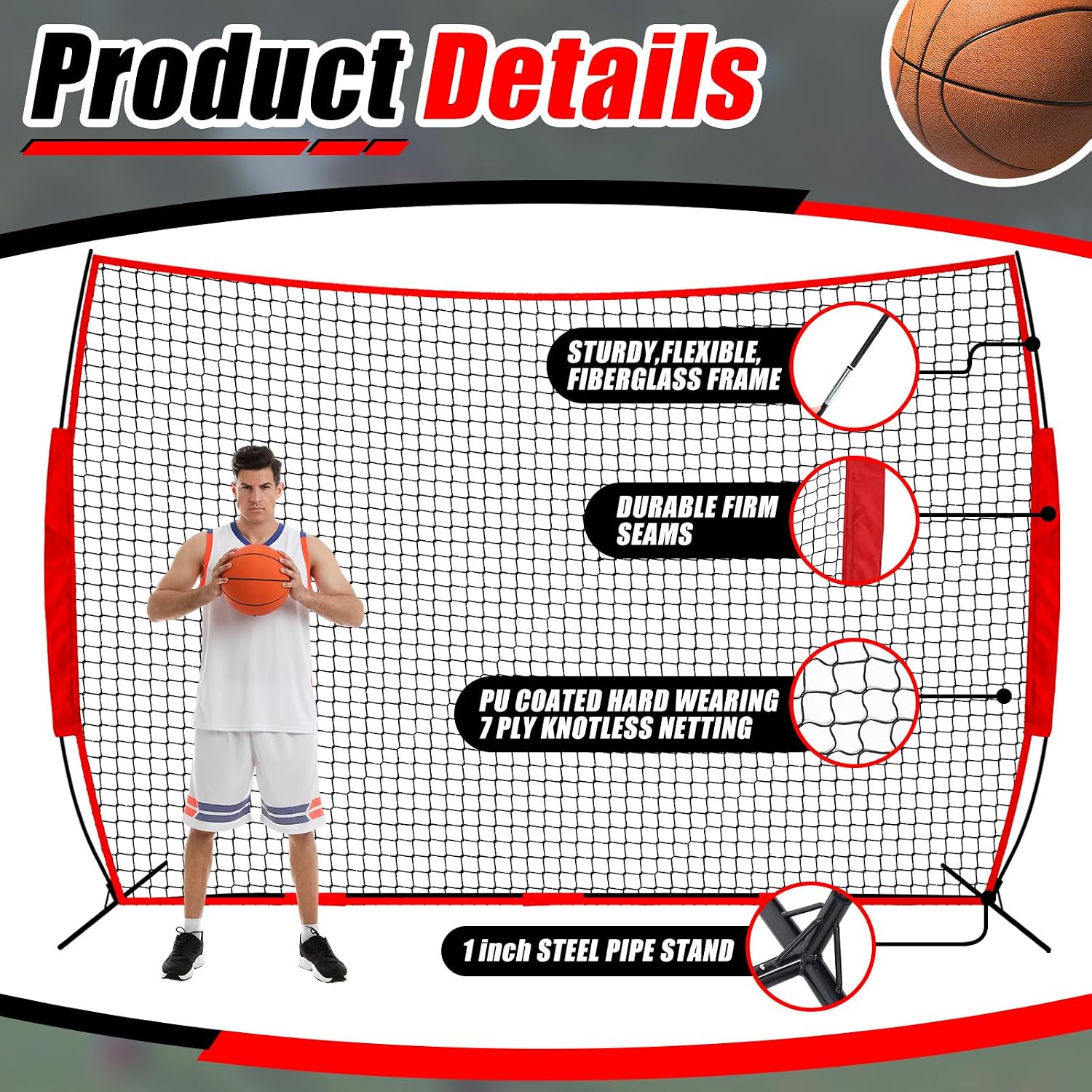 Seenelling Basketball Net Catcher Backstop Net Sports Barrier Nets for Backyard Rebounder to Guard Rebound and Return Basketball with Carry Bag