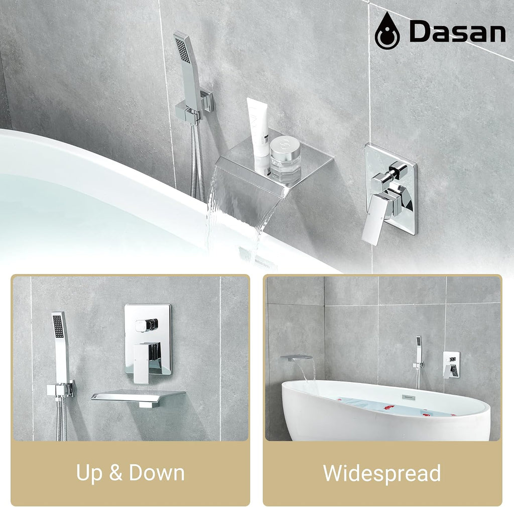 Upgraded Wall Mount Tub Filler Faucet with Handheld Shower, DASAN Modern Wall Mounted Bathtub Faucet Chrome High Flow Waterfall Tub Faucet with Rough in Valve, SA-TF04WH-PC