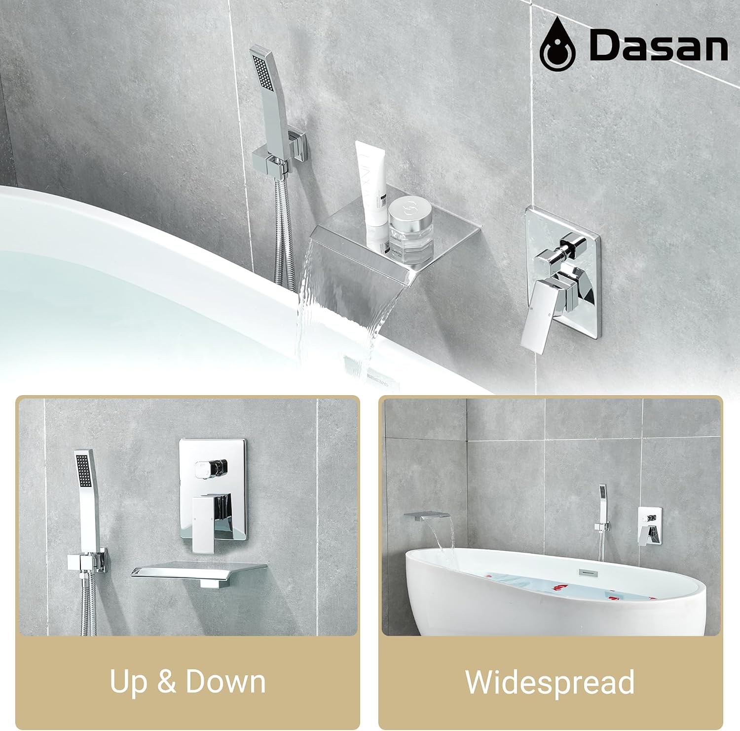 Upgraded Wall Mount Tub Filler Faucet with Handheld Shower, DASAN Modern Wall Mounted Bathtub Faucet Chrome High Flow Waterfall Tub Faucet with Rough in Valve, SA-TF04WH-PC