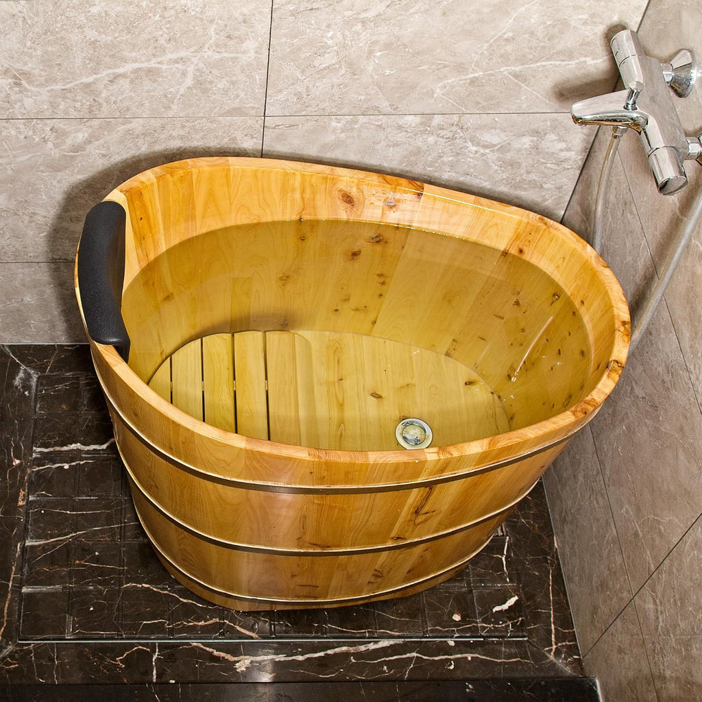 34 Inches Small Handcrafted Free Standing Wooden Bathtub, Portable Deep Soaking Tub for Relaxation, Natural Cedar Wood, Ideal for Home Spas and Bathroom Renovations, Perfect Hot Tub Option