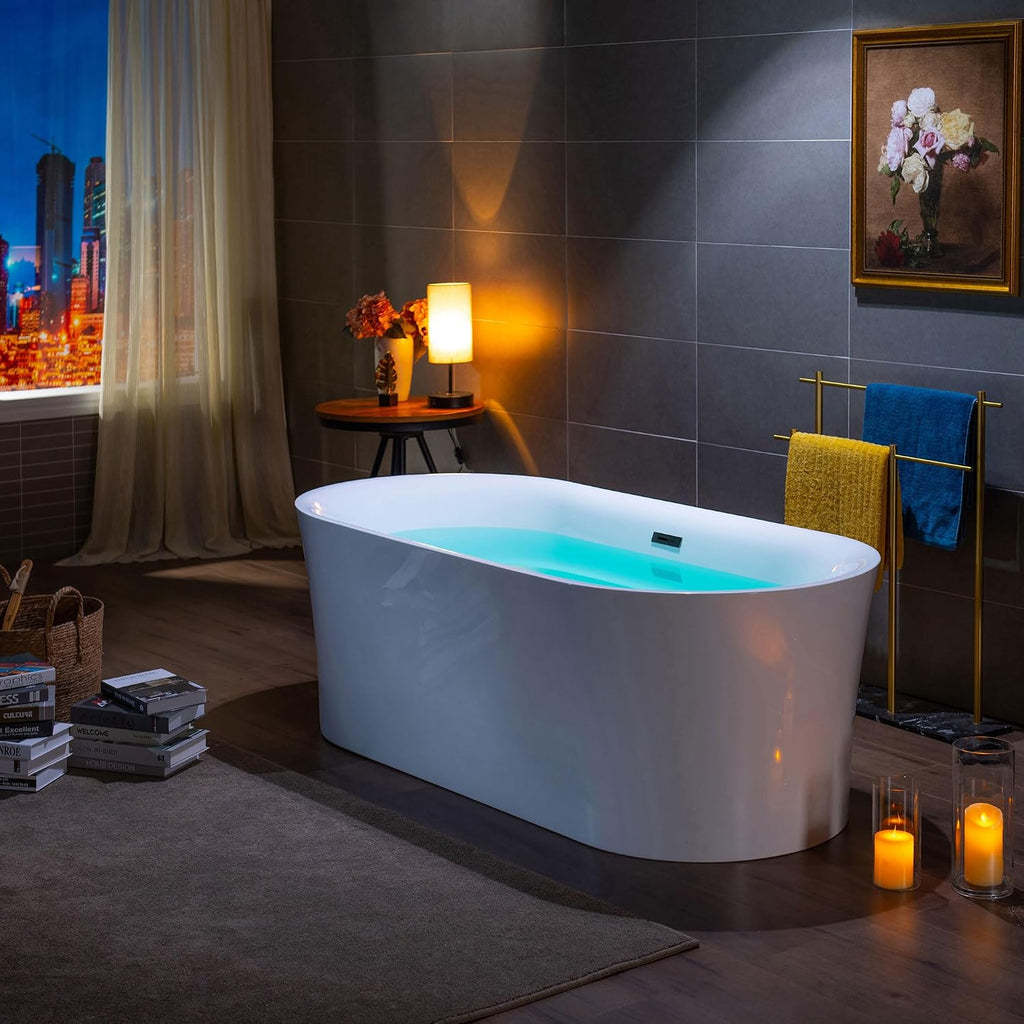 WOODBRIDGE 67' Acrylic Freestanding Bathtub Contemporary Soaking Tub with Matte Black Overflow and Drain,White Tub