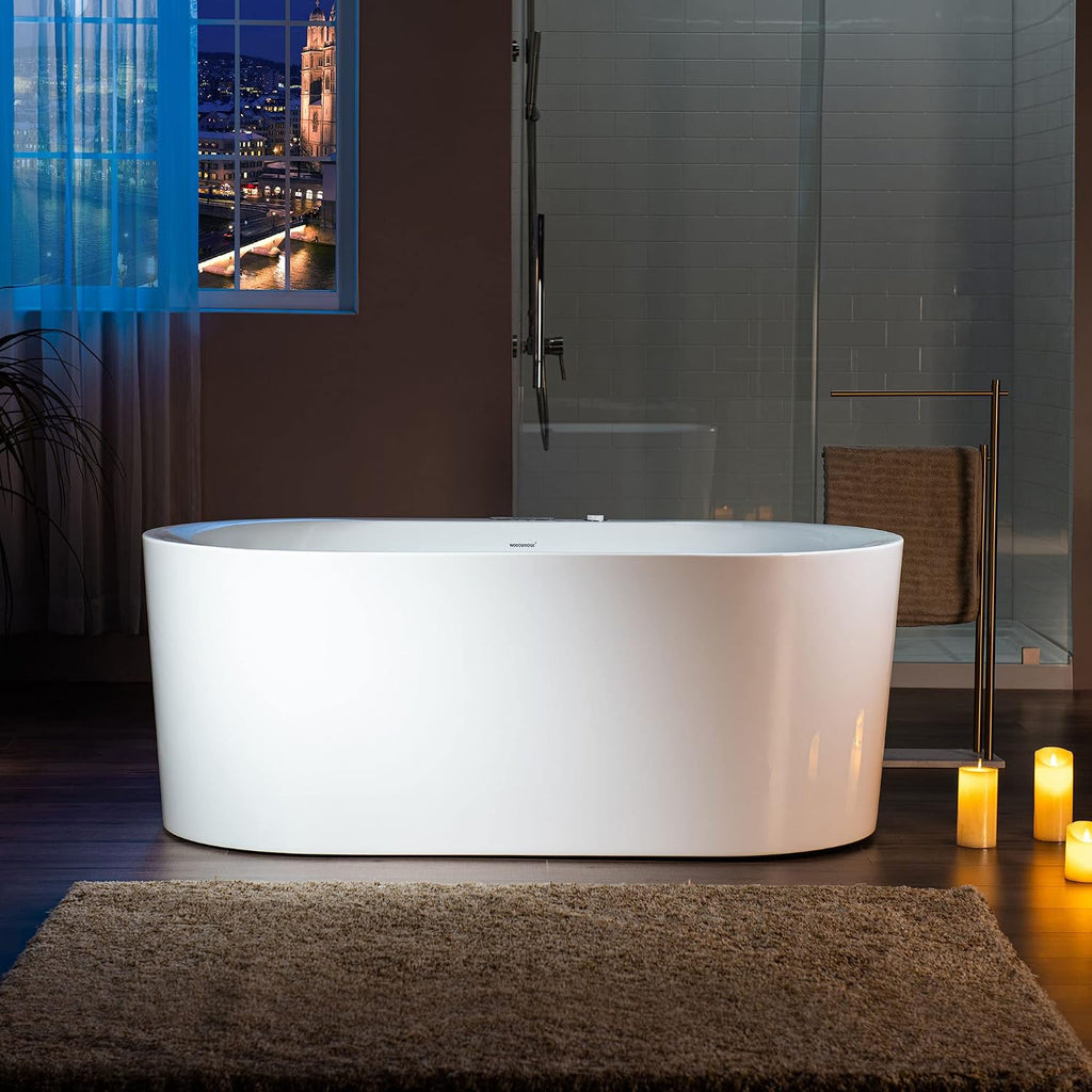 WOODBRIDGE 59' x 31-1/2' Whirlpool Water Jetted and Air Bubble Freestanding Heated Soaking Combination Bathtub with LED control panel, BJ100, White | Whirlpool Water Jetted, Air Bubble, Heated Soaking, LED Control Panel