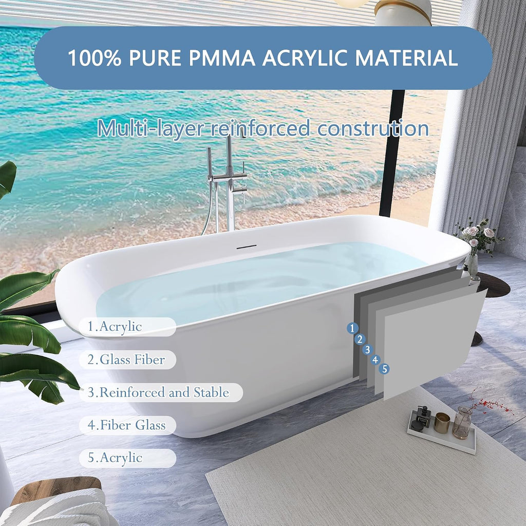 59' Free Standing Tub, Pure Acrylic Freestanding Bathtub, Stylish Stand Alone Contemporary Deep Soaking Bath Tub, cUPC Certified SY6250 (Glossy White)