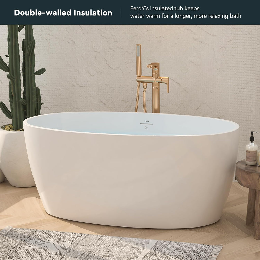 FerdY Tahiti 55' Acrylic Freestanding Bathtub, Elegant Oval Shape Soaking Bathtub, Glossy White, White Drain & Bath Pillow for Bathtub,Thick Tub Pillows, Breathable 4D Air Mesh