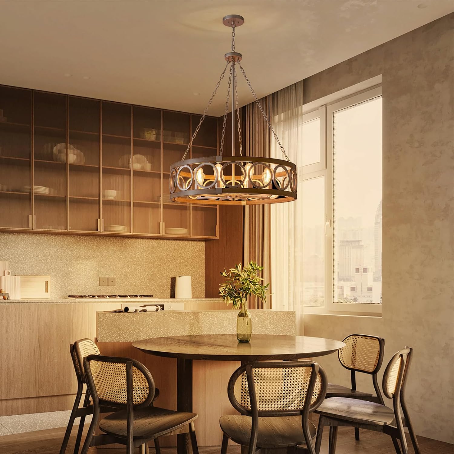 XINGQI 8-Light Modern Chandelier Large Round Drum Chandeliers for Dining Room 32.3' Rustic Pendant Brushed Nickel Light Fixture Over Table Farmhouse Metal Wood Grain Finish