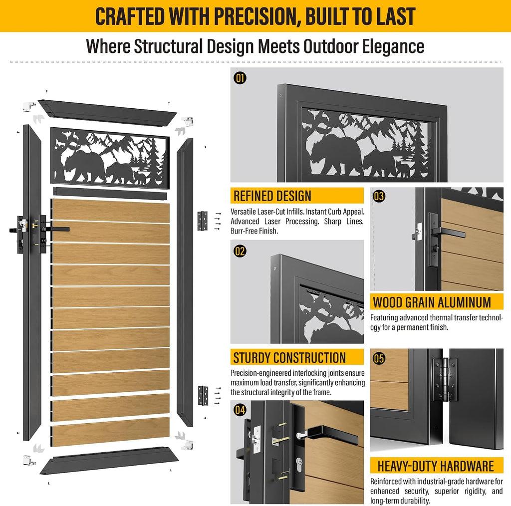 3x5 FT Aluminum Fence Gate Kit Wood Grain Aluminum Gate with Decorative Cutout, Lock & Hinges, Left/Right Opening, Weather Resistant for Yard Garden Patio