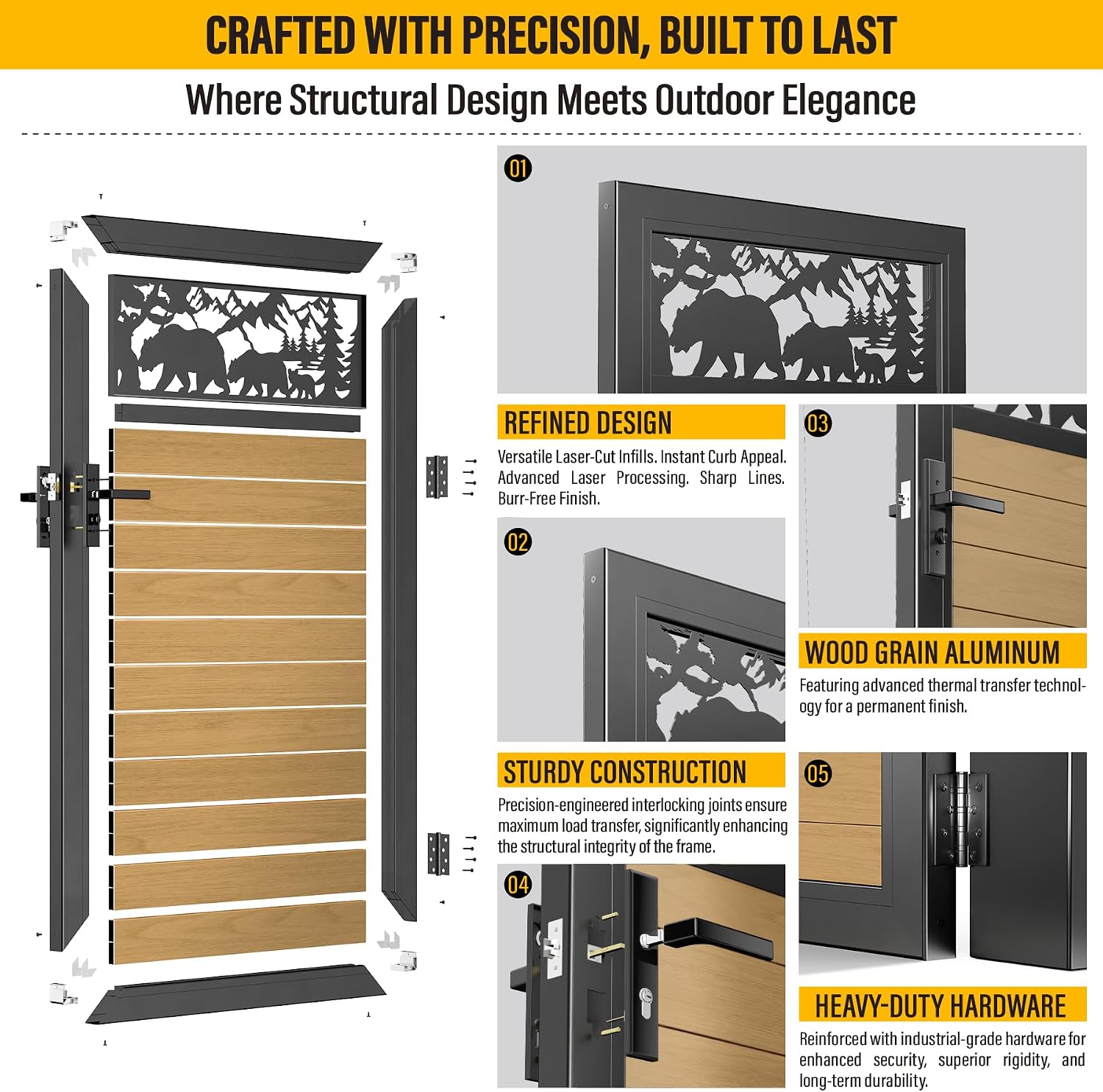 3x5 FT Aluminum Fence Gate Kit Wood Grain Aluminum Gate with Decorative Cutout, Lock & Hinges, Left/Right Opening, Weather Resistant for Yard Garden Patio