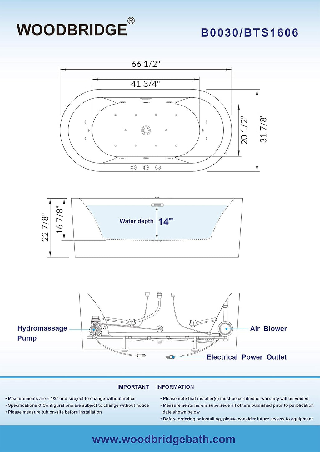 WOODBRIDGE 67' Air Bubble and Whirlpool Jetted Freestanding Bathtub B0030 / BTS1606